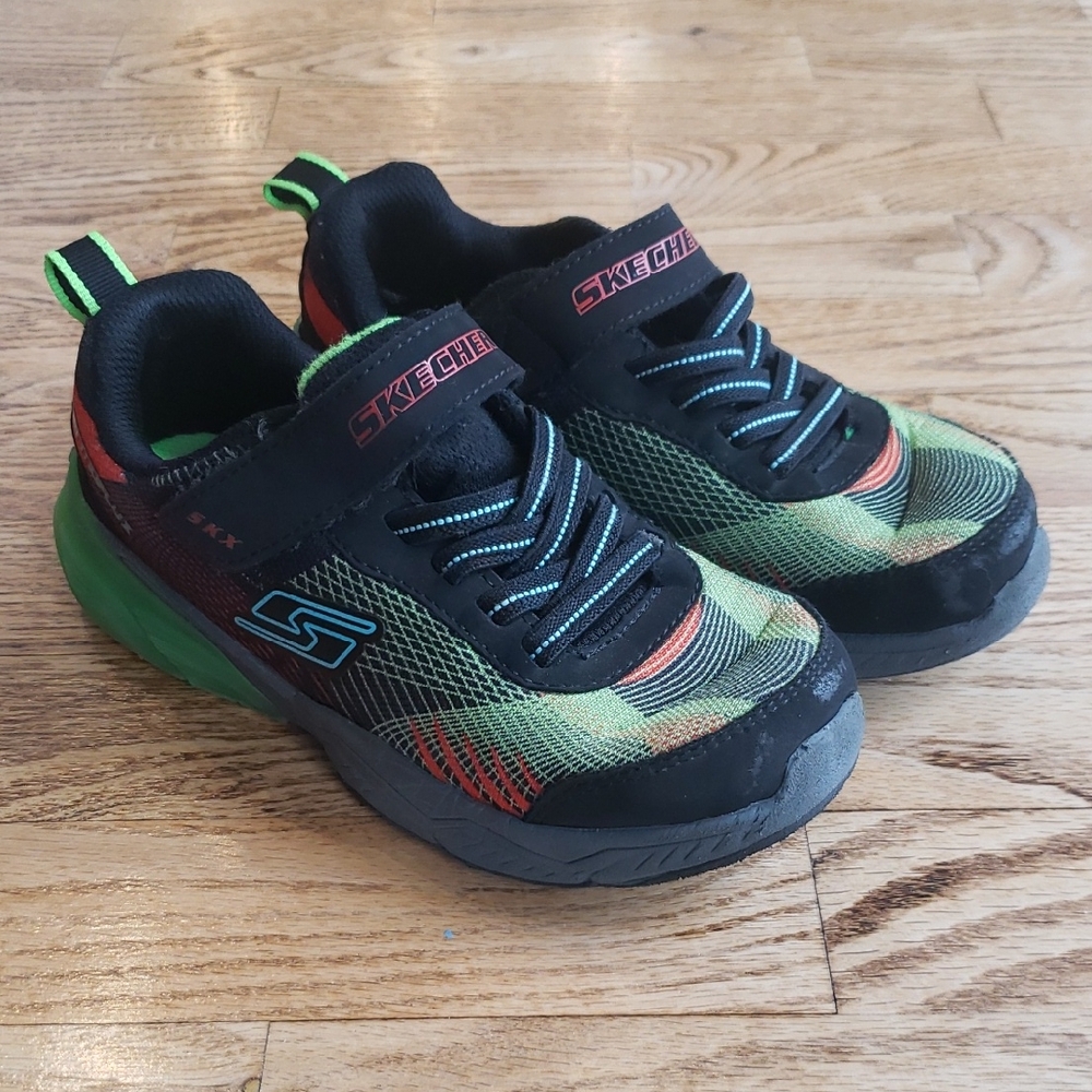 (13) Skechers Youth Velcro Sneakers Casual School Colorful Play Neon Non-Marking